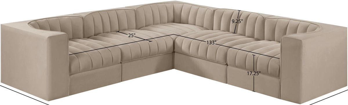 Rummi - Symmetrical Velvet Performance Fabric Upholstered 5 Piece Modular Sectional
