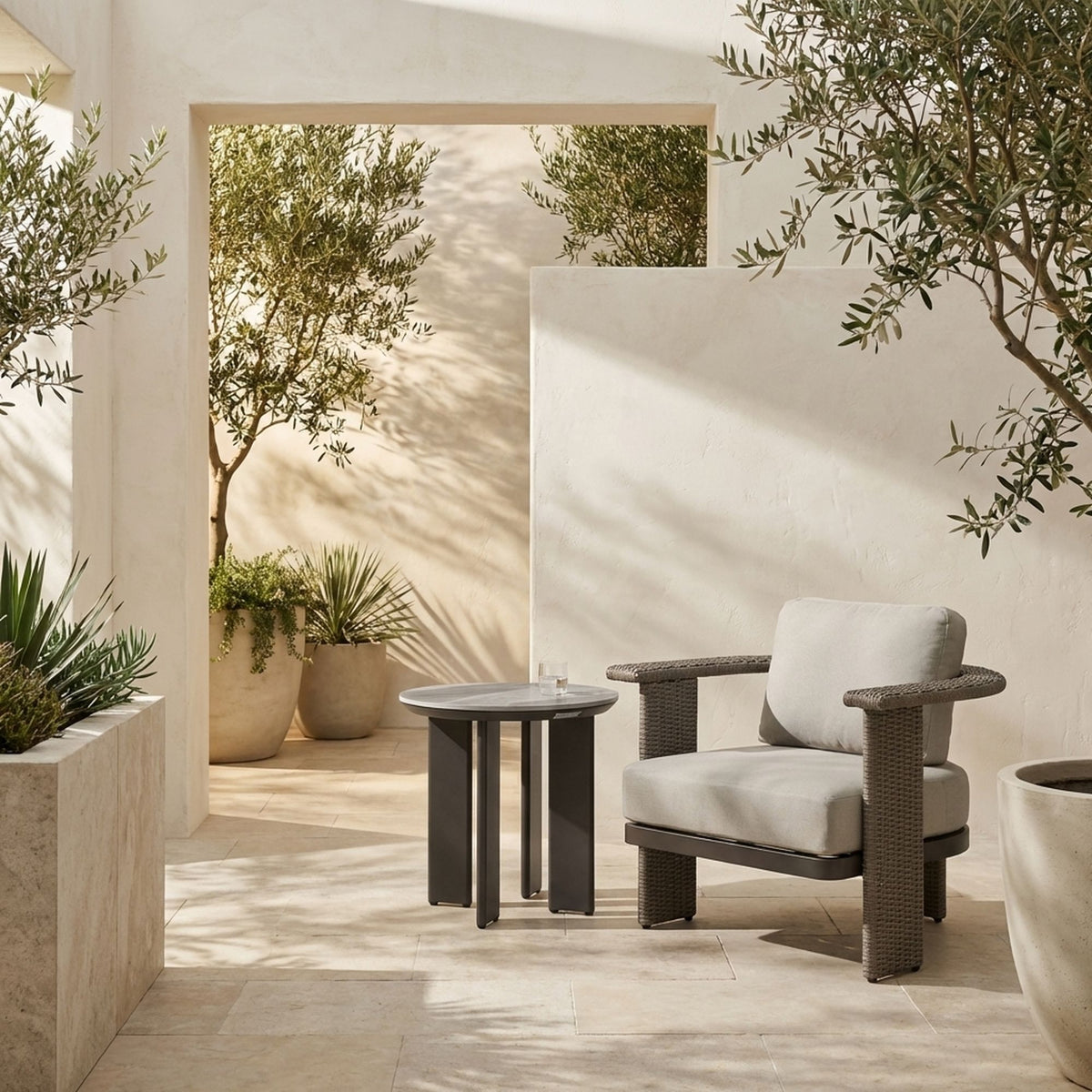Ciela - Outdoor Club Chair With Rattan Trim Aluminum Frame And Clouded Taupe Cushions - Dark Bronze / Gray
