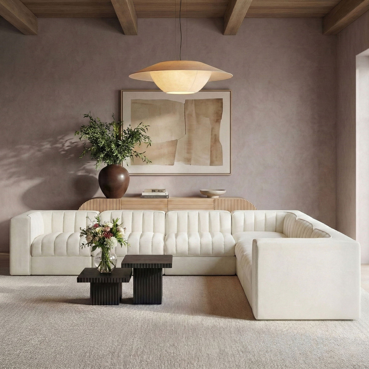 Rummi - Symmetrical Velvet Performance Fabric Upholstered 7 Piece Modular Sectional (With 3 Corner Chairs)