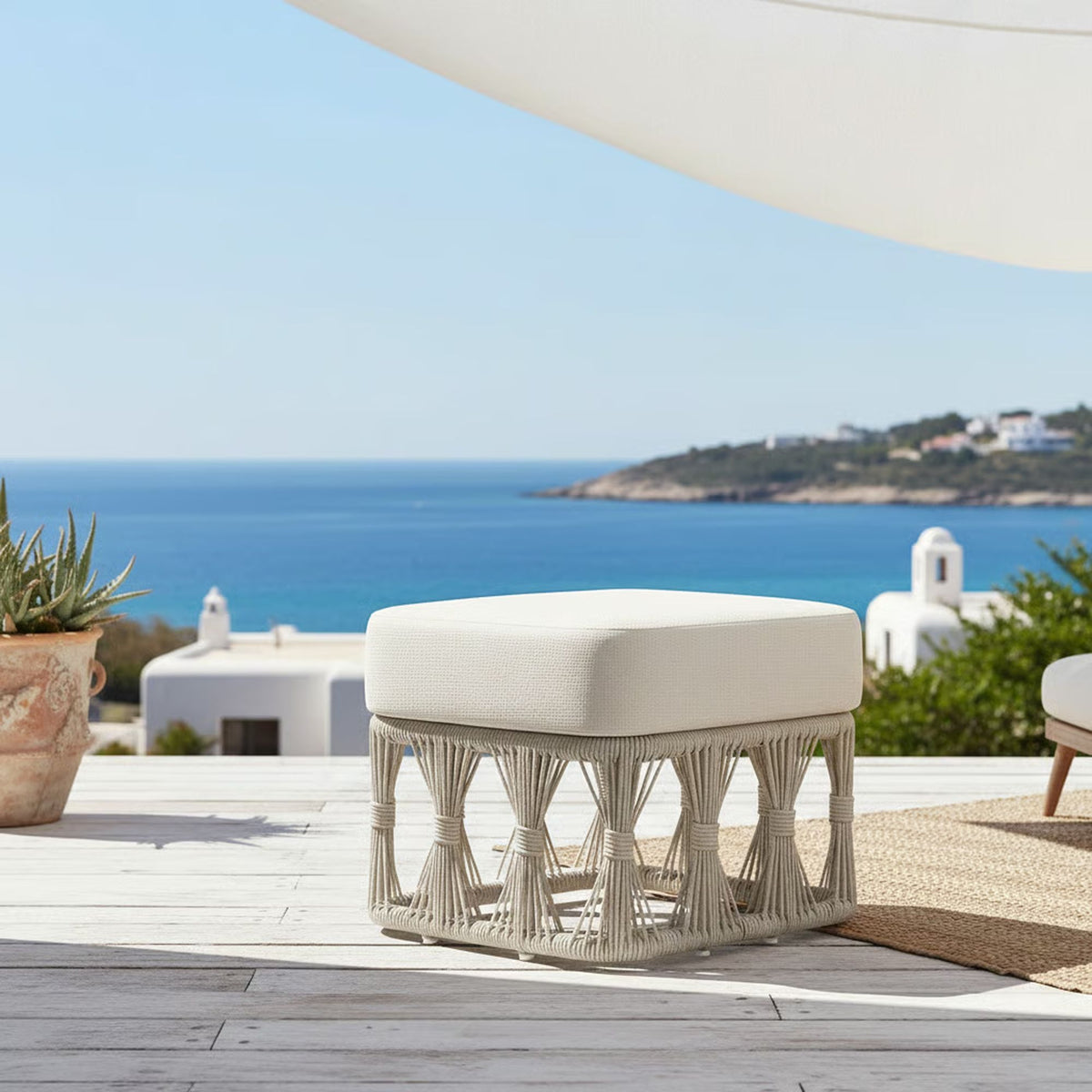 Breeze - Cream Metal Outdoor Ottoman With Cushions - Pearl