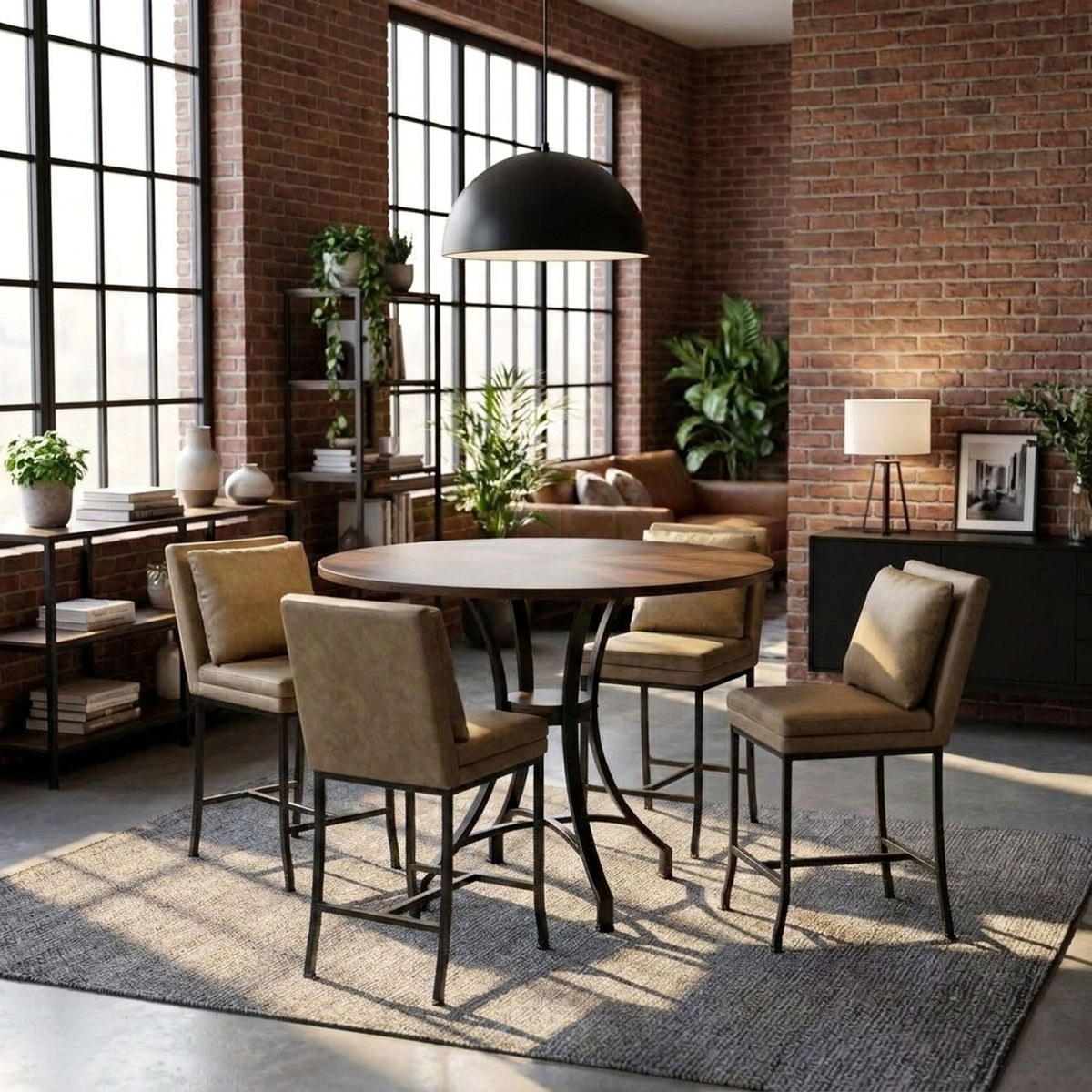 Winslow - 5-Piece Round Walnut Wood Tabletop Dining Table Set With Stools, Seats Up To 4 - Mushroom Brown / Black