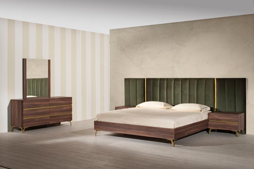 Queen Calabria Modern Walnut & Green Velvet Bedroom Set