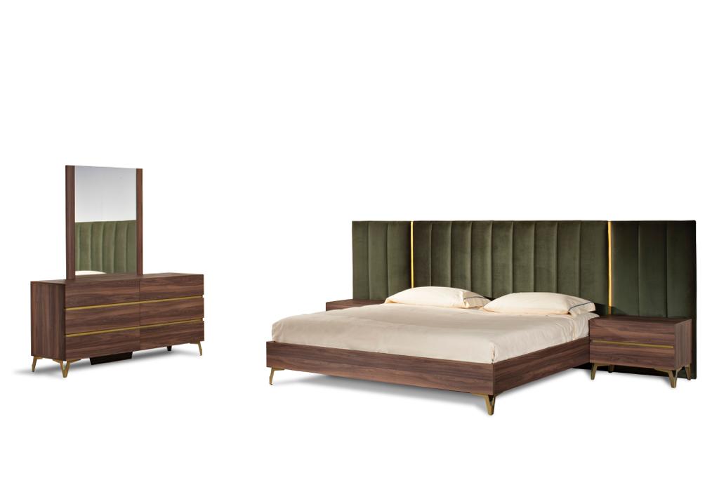 Calabria Modern Walnut & Green Velvet Bed & Nightstands by VIG Furniture - View 2