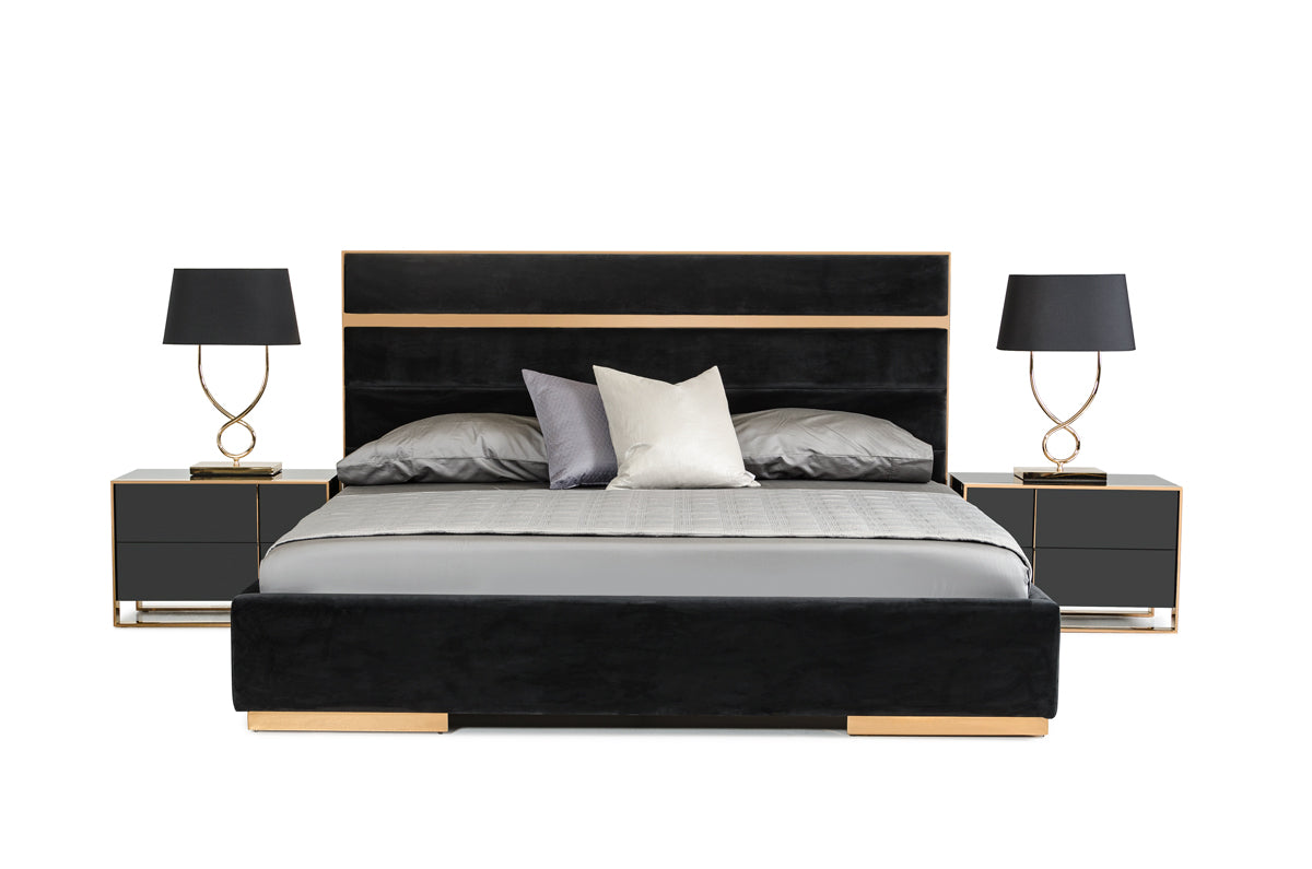 Queen Cartier Modern Black Velvet & Brushed Bronze Bed by VIG Furniture - View 1