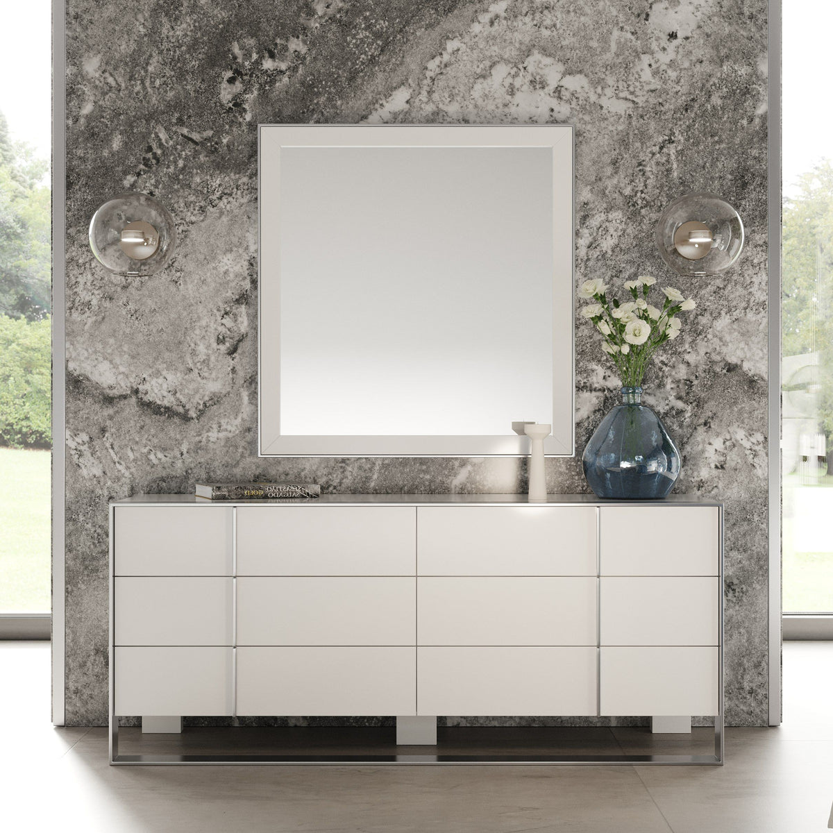 Eastern King Cartier - Modern White Vegan Leather + Stainless Steel Bedroom Set