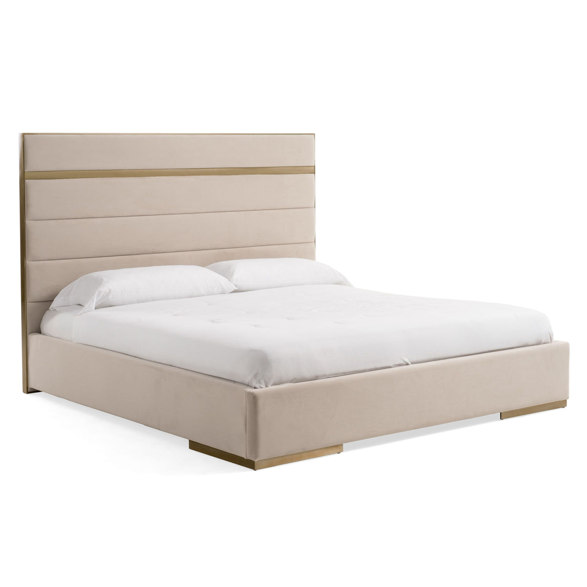 Eastern King Cartier - Modern Beige Velvet + Brushed Brass 4-Piece Bedroom Set