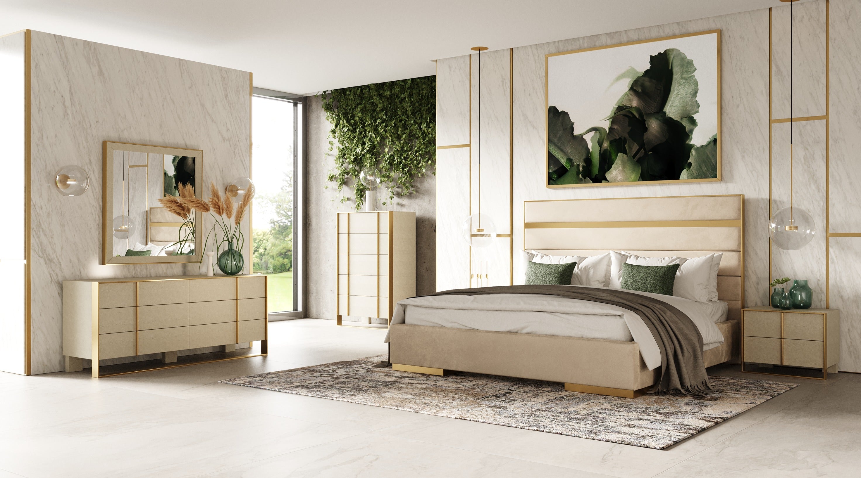Eastern King Cartier - Modern Beige Velvet + Brushed Brass 4-Piece Bedroom Set by VIG Furniture - View 1