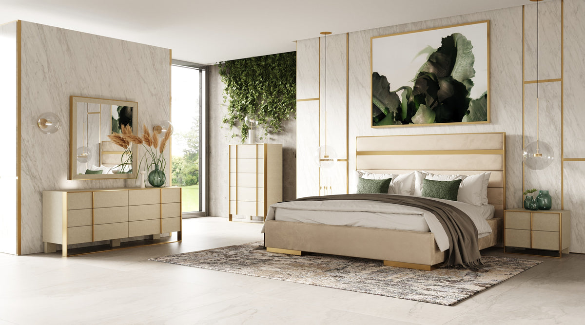 Eastern King Cartier - Modern Beige Velvet + Brushed Brass 4-Piece Bedroom Set by VIG Furniture - View 1