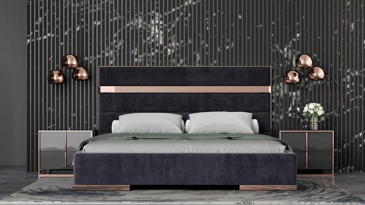 Cartier - Eastern King Modern Black + Rose Gold Bed + Nightstands by VIG Furniture - View 1