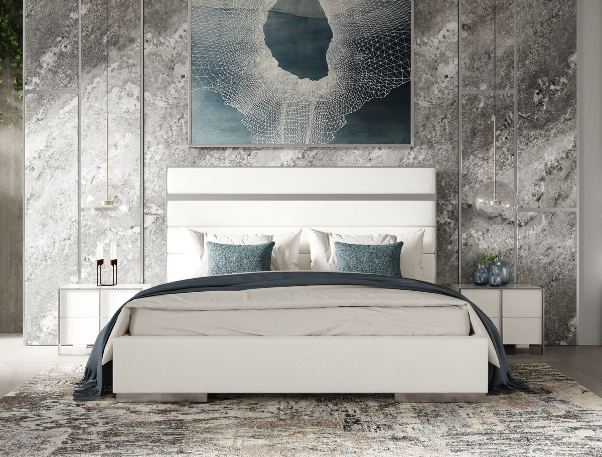 Queen Cartier - Modern White Vegan Leather + Stainless Steel Bedroom Set