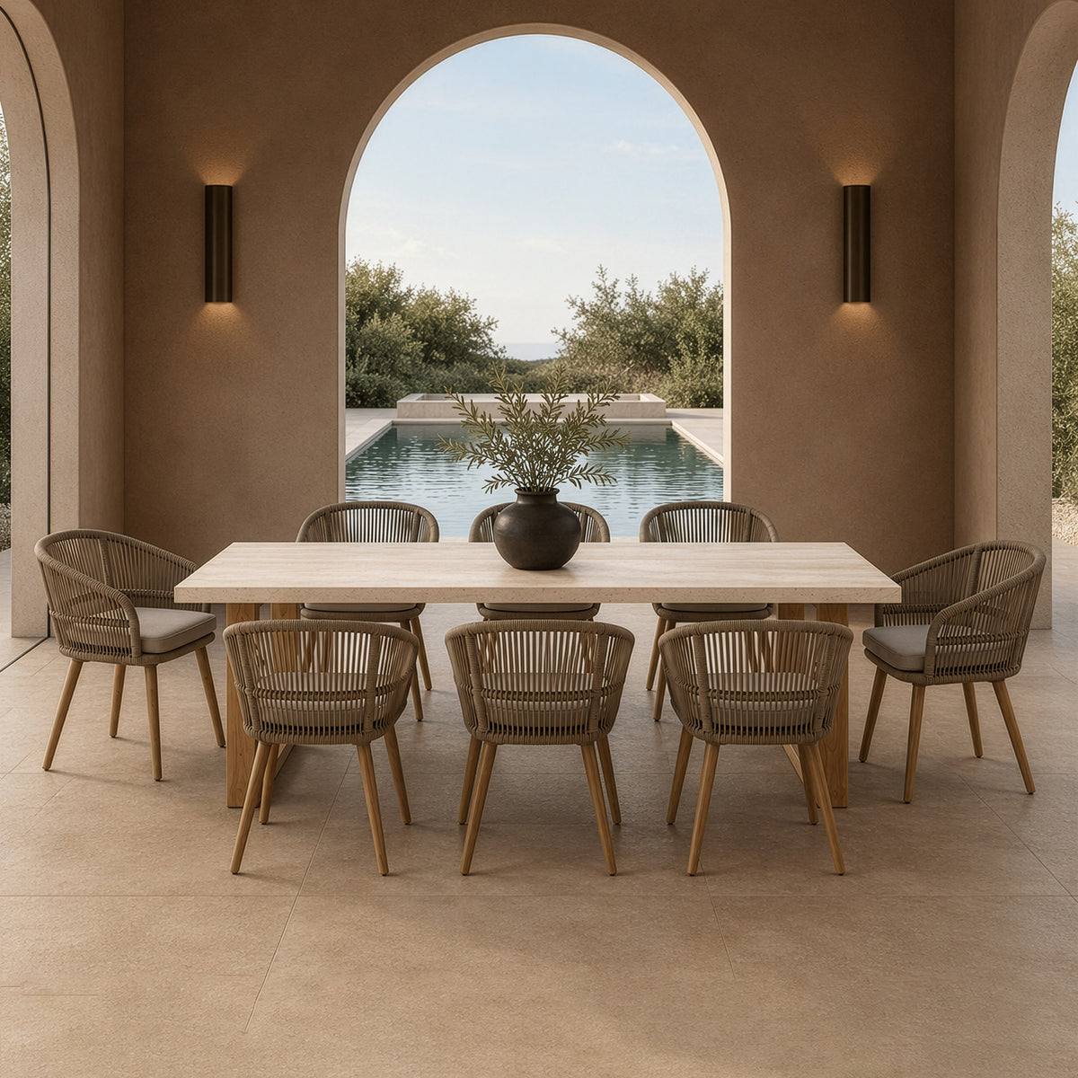 Cascais - Outdoor Grey + Faux Travertine + Eucalyptus Dining Table by VIG Furniture - View 2