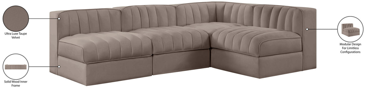 Rummi - Armless Velvet Performance Fabric Upholstered 4 Piece Modular Sectional