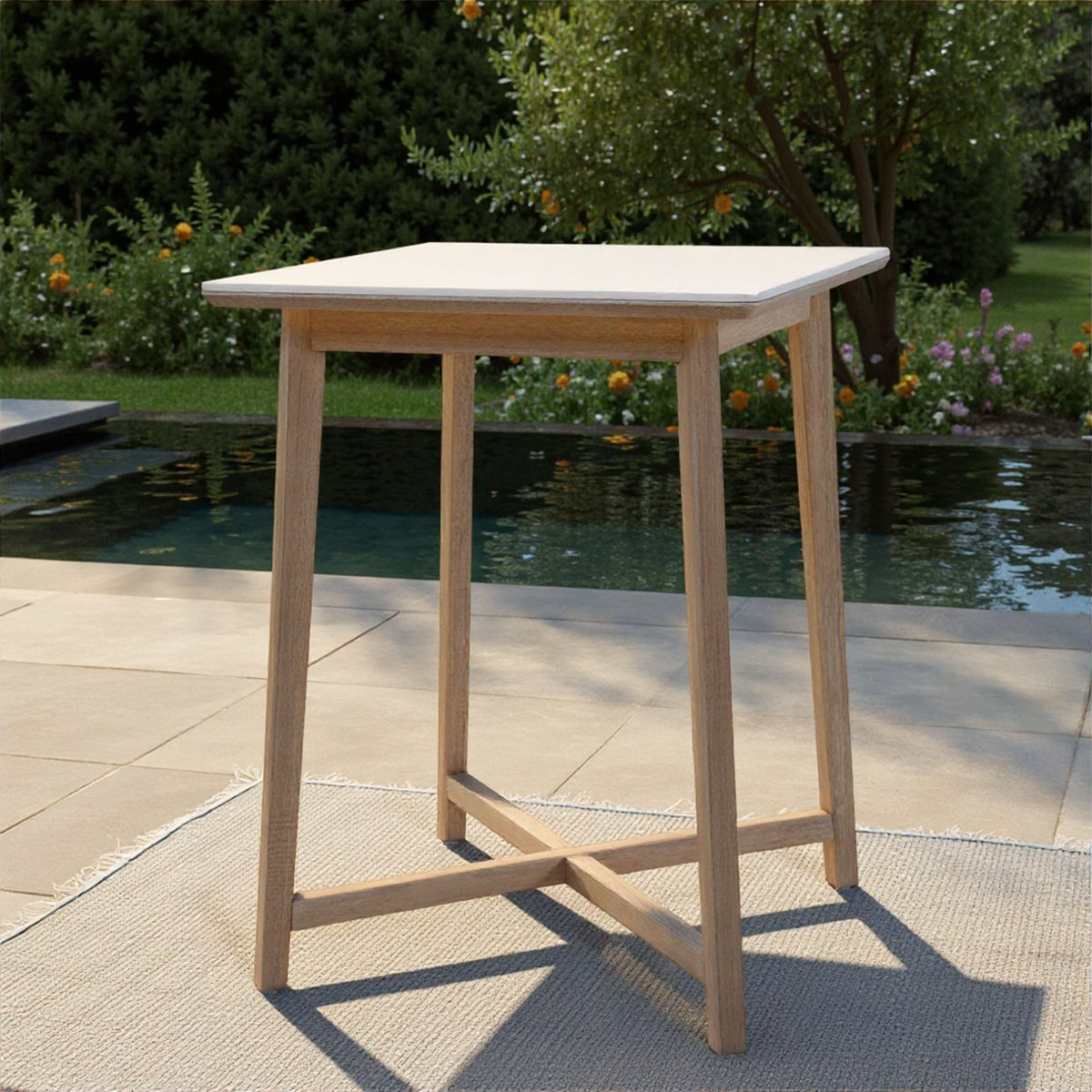 Darling - 34" Square Outdoor Pub Table - Superstone & Eucalyptus