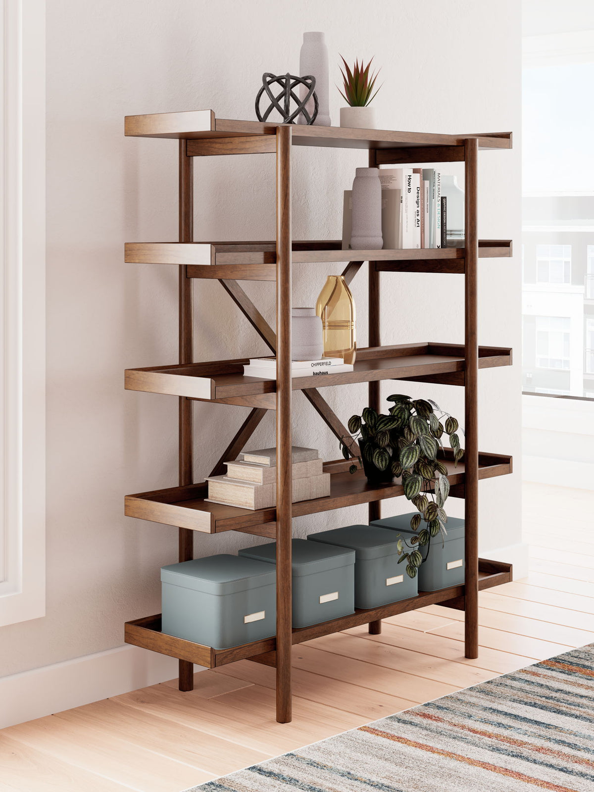Lyncott - 3 Pc. - Home Office Desk, Chair, Bookcase - Brown