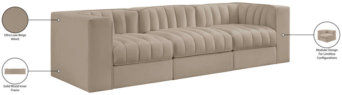Rummi - Velvet Performance Fabric Upholstered 3 Piece Modular Sofa