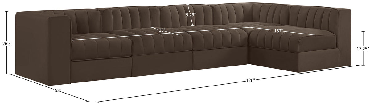 Rummi - Velvet Performance Fabric Upholstered 5 Piece Modular Sectional, L-Shaped (Right)