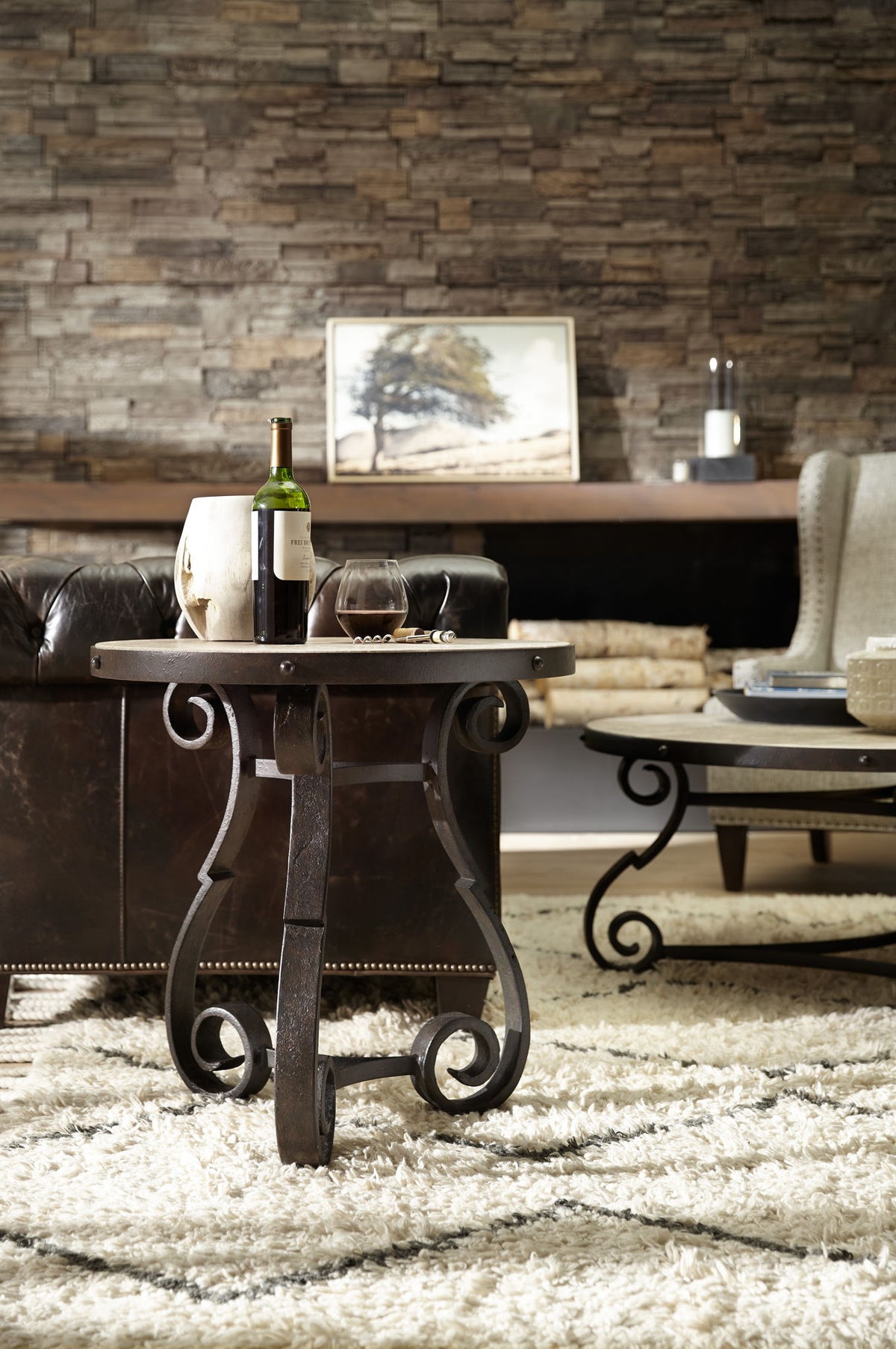Hill Country - Luckenbach Metal And Stone End Table - Light Brown / Black