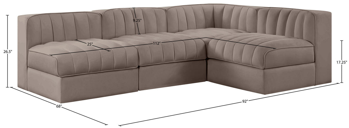 Rummi - Armless Velvet Performance Fabric Upholstered 4 Piece Modular Sectional