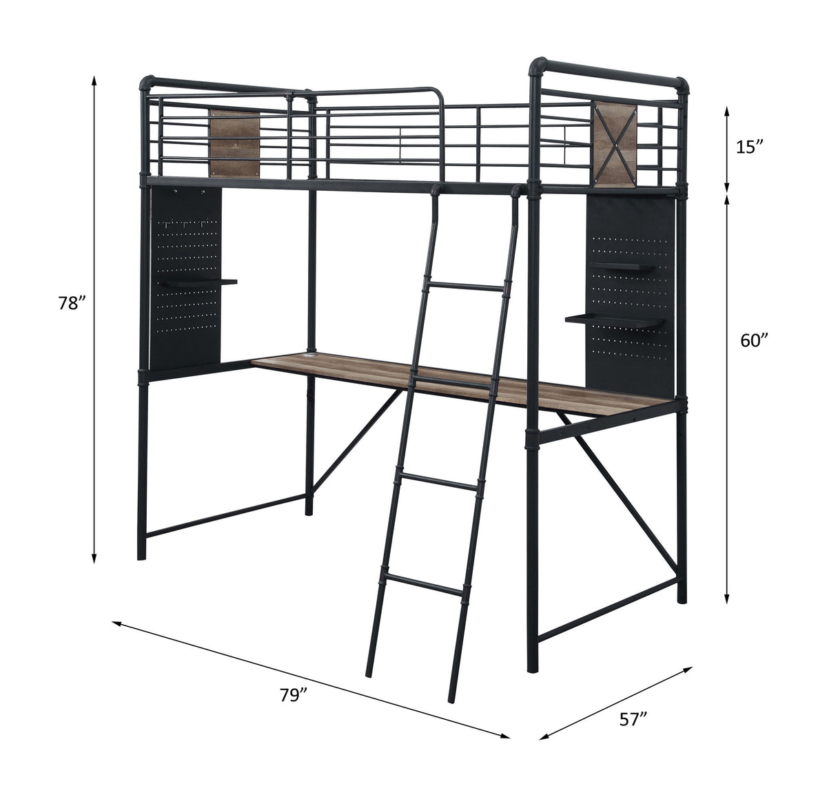 Cordelia - Twin Loft Bed With Desk - Antique Oak, Sandy Black & Dark Bronze Hand-Brushed