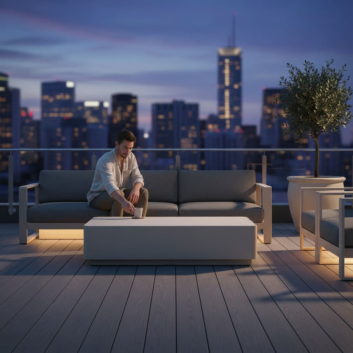 Pavilion - Powder Coated Metal Rectangle Outdoor Coffee Table With Sintered Stone Table Top - Natural