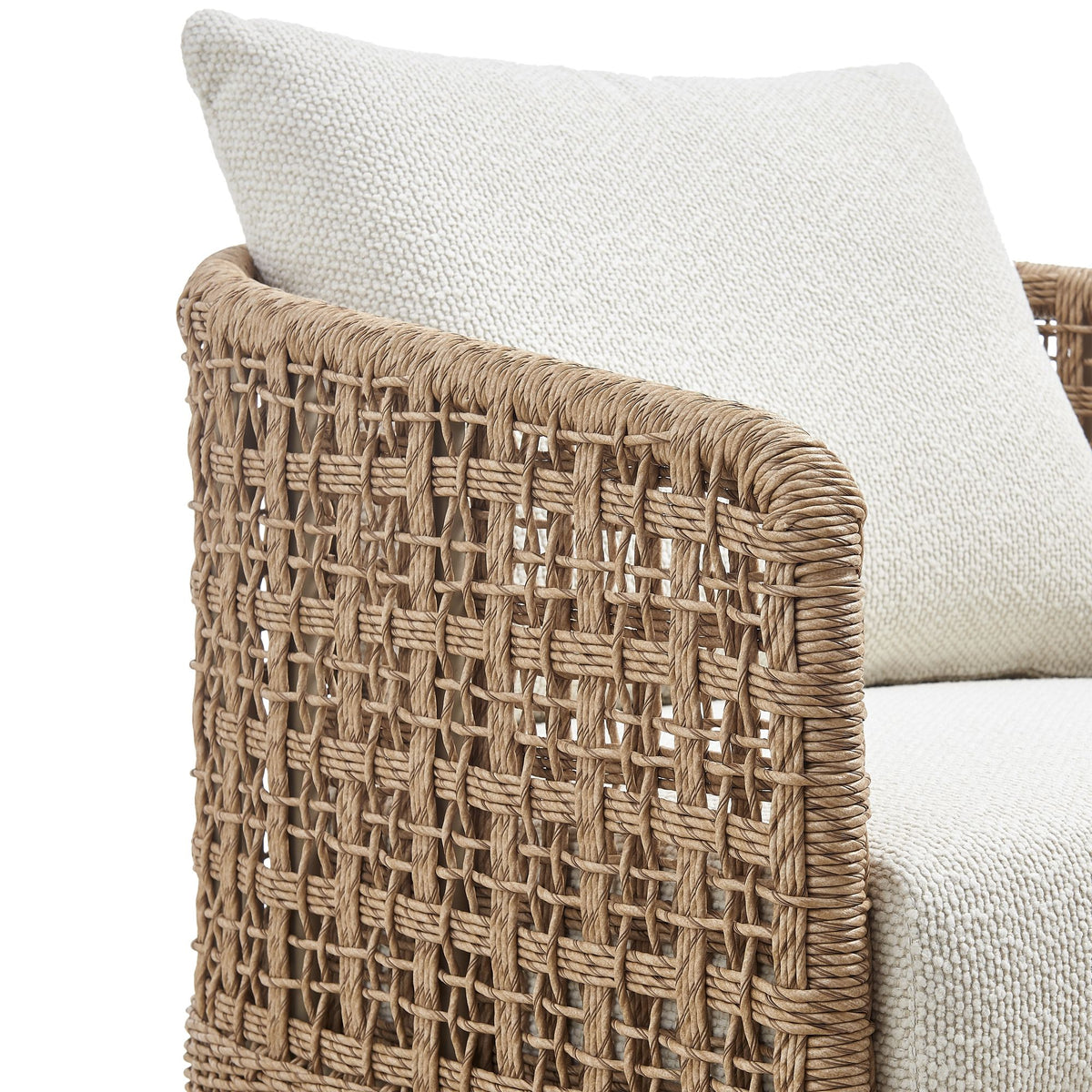 Driftbay - Metal Outdoor Swivel Lounge Chair With Cushions - Boucle White / Natural