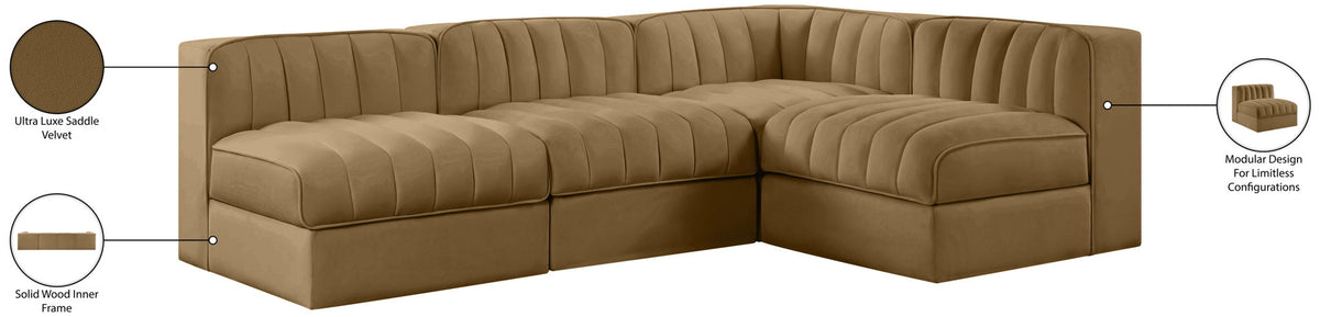 Rummi - Armless Velvet Performance Fabric Upholstered 4 Piece Modular Sectional