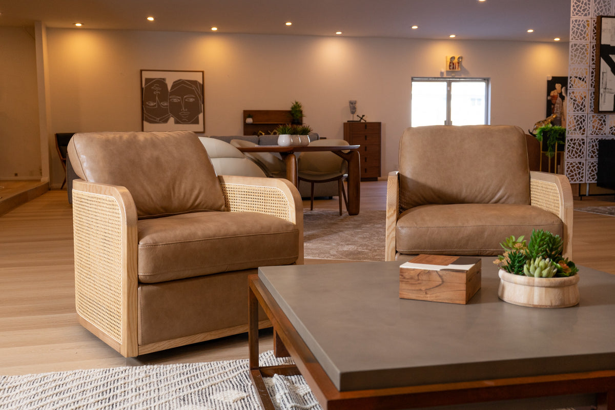 Danson - Modern Tan Leather + Wicker Swivel Accent Chair by VIG Furniture - View 2
