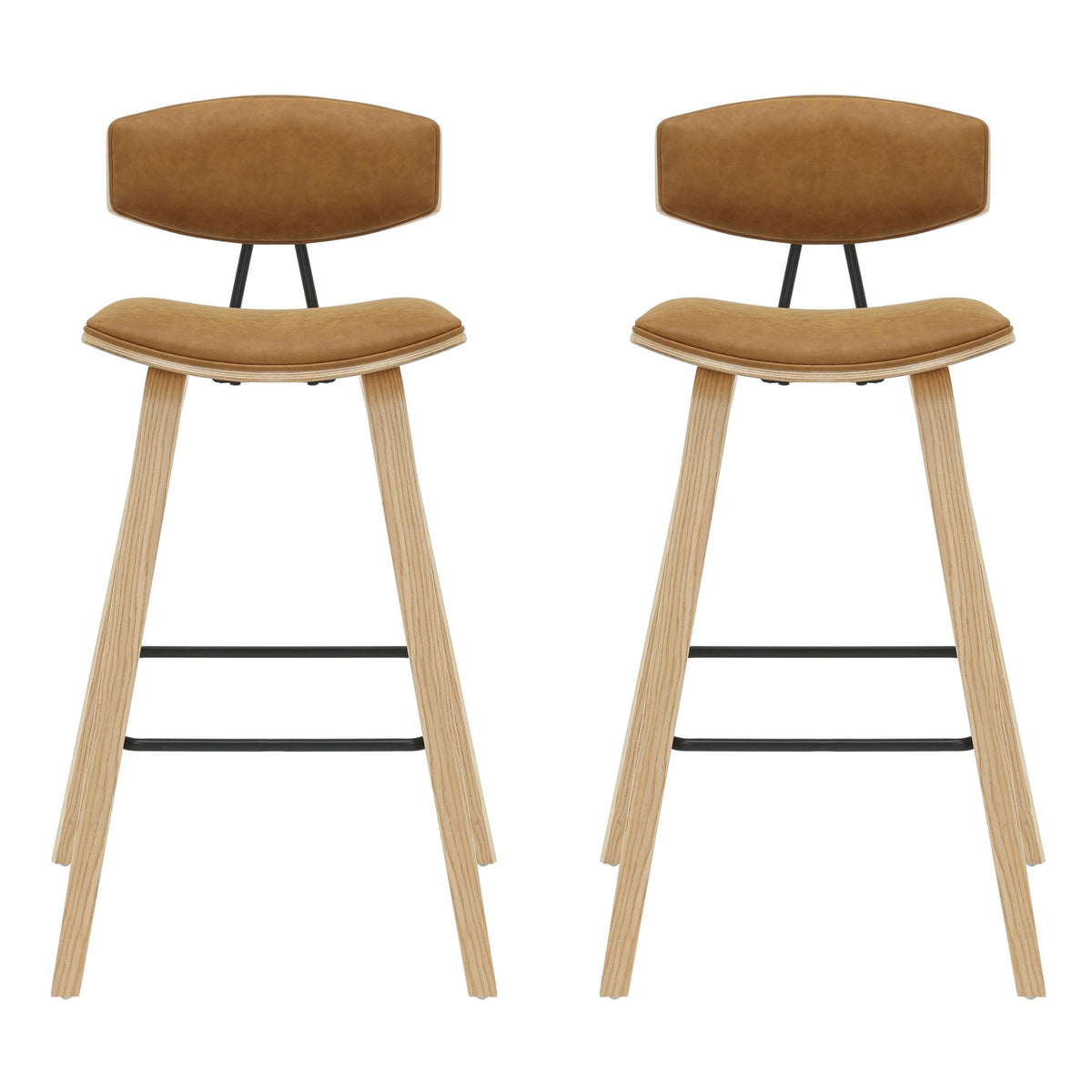 Fox - Bar Height Curved Back Wood Bar Stool With Faux Leather Seat