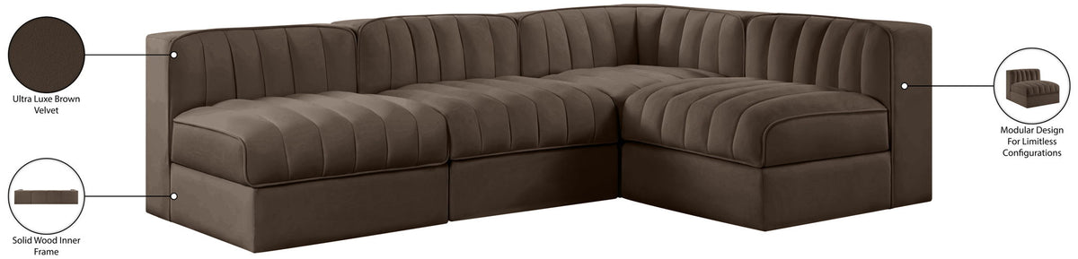 Rummi - Armless Velvet Performance Fabric Upholstered 4 Piece Modular Sectional