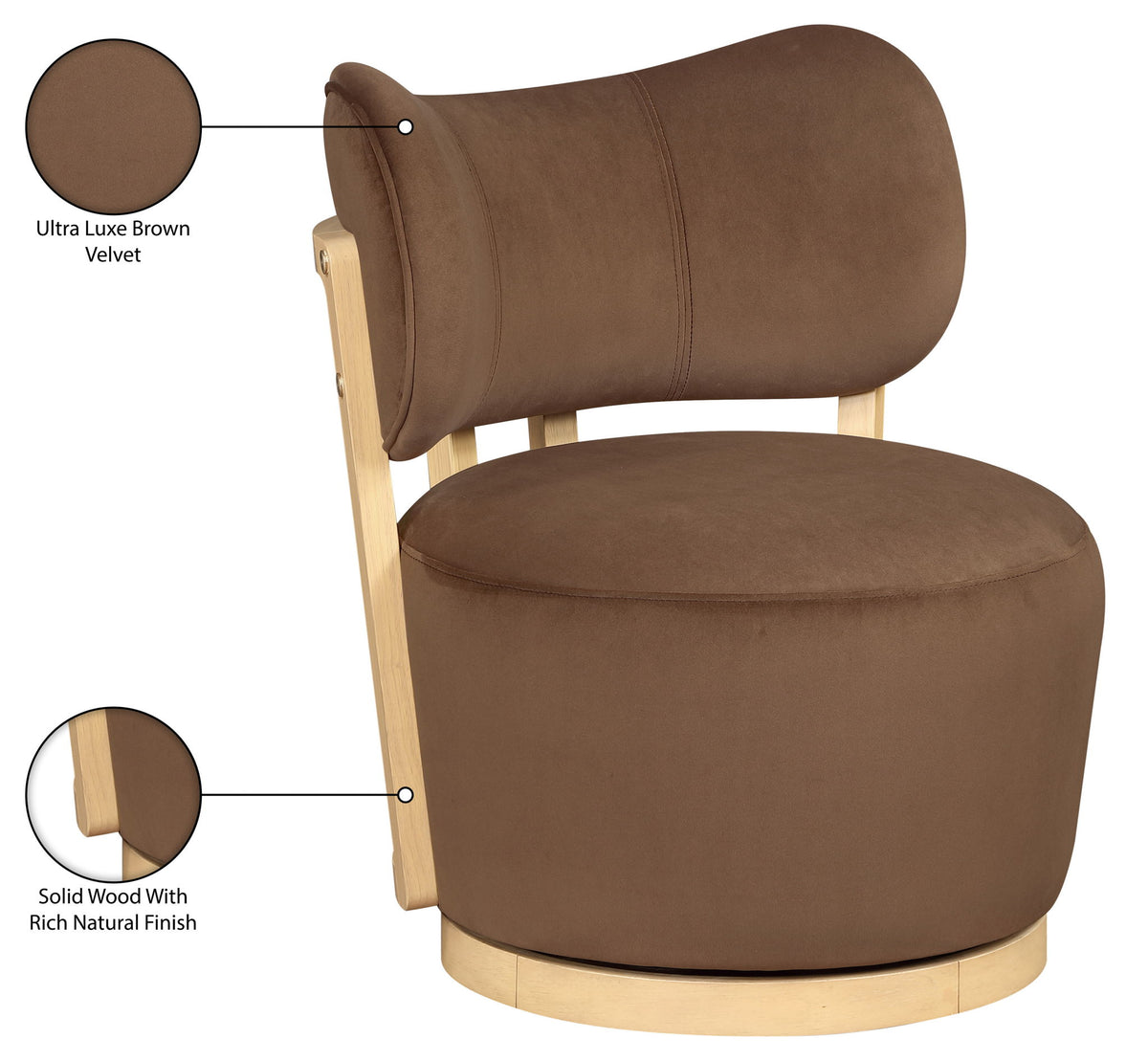 Elara - Velvet Upholstered Swivel Accent Chair - Stained Natural