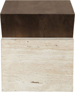 Opus - Travertine And Mango Wood End Table - Brown / Beige