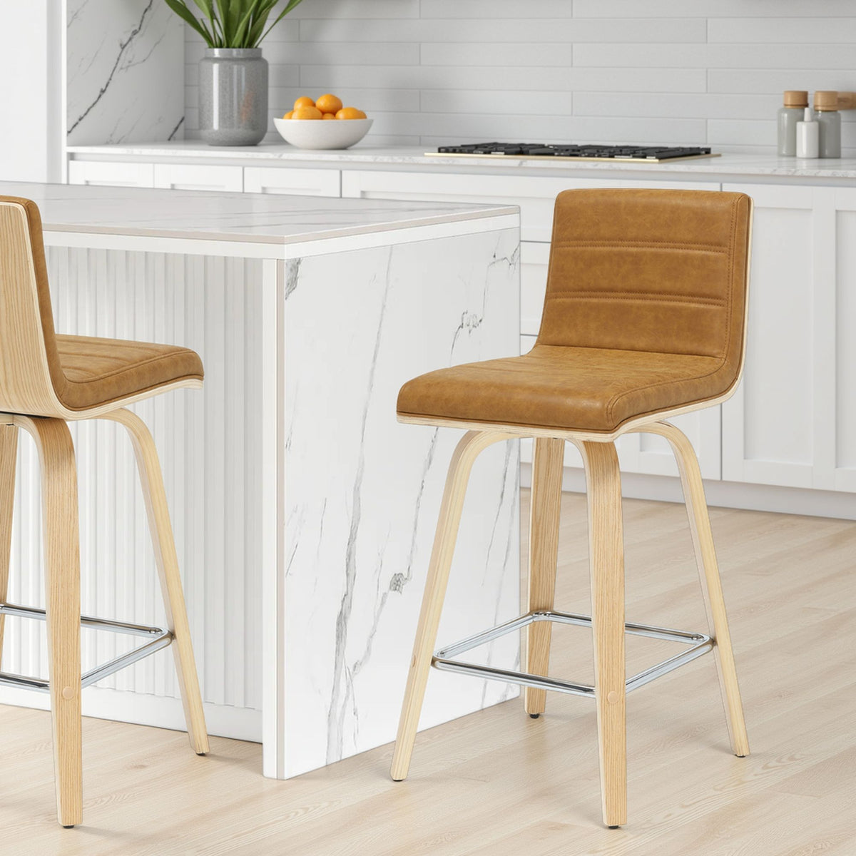 Vienna - 35.5" Swivel Counter Height Square Back Wood Bar Stool With Faux Leather Seat