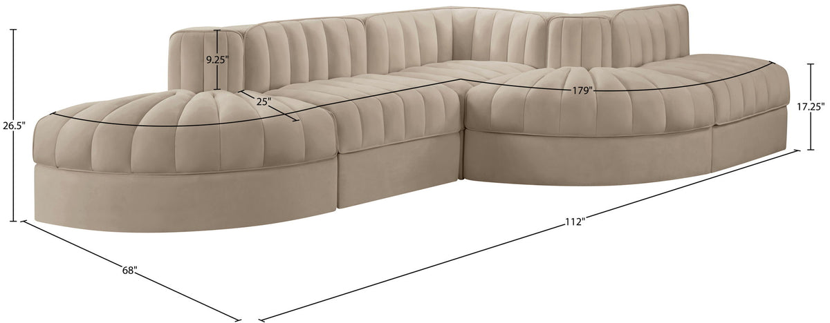 Rummi - Rounded Velvet Performance Fabric Upholstered 5 Piece Modular Sectional