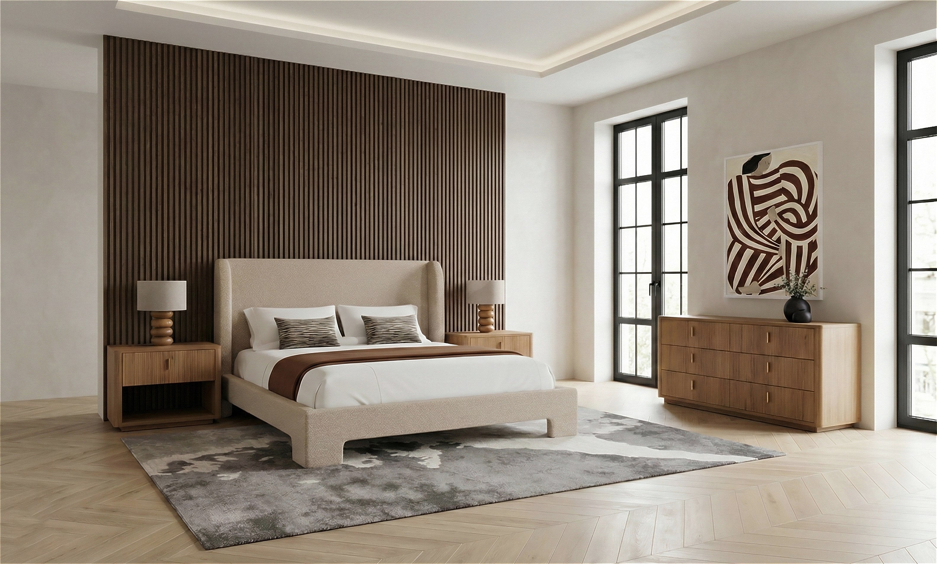 Eastern King Emilio + Roma - Modern Beige Fabric + Oak 4-Piece Bedroom Set by VIG Furniture - View 1