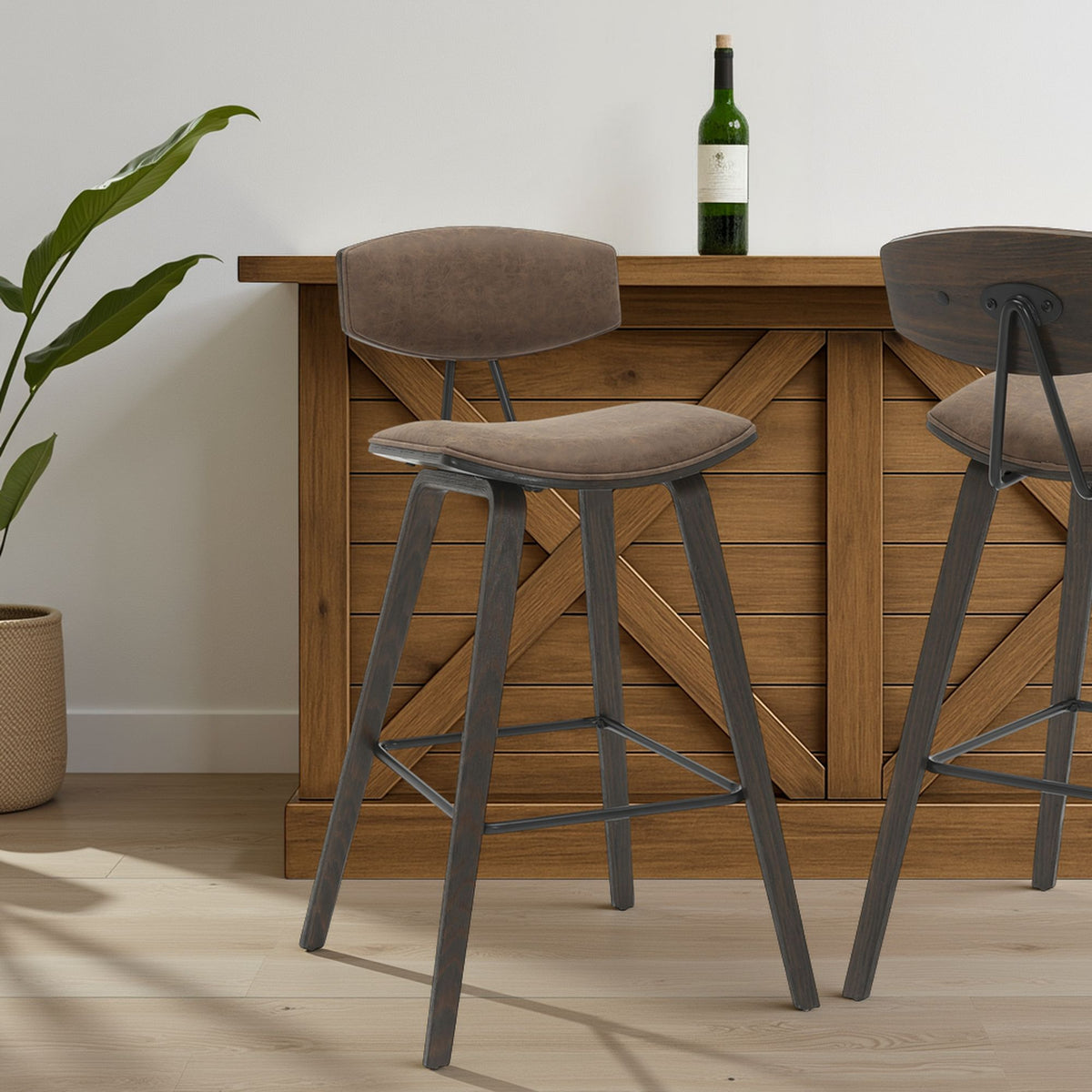 Fox - Bar Height Curved Back Wood Bar Stool With Faux Leather Seat