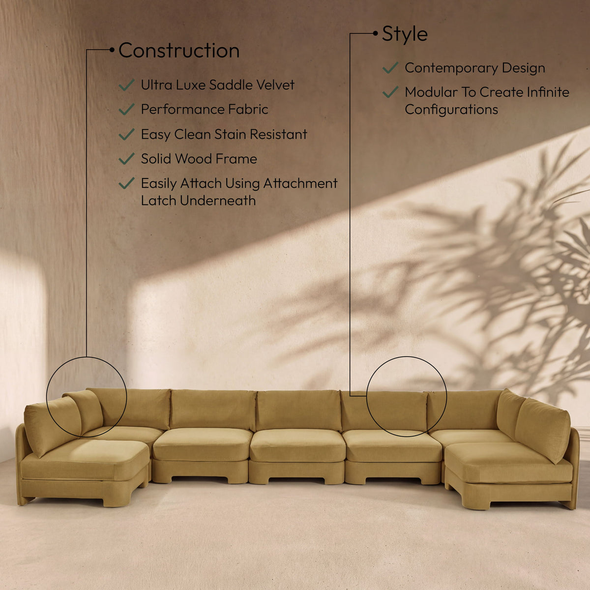 Hammond - Velvet Performance Fabric Upholstered 7 Piece U-Shaped Armless Sectional