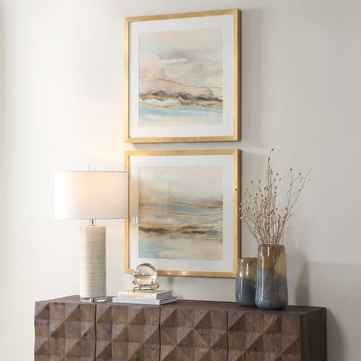So Golden - Abstract Landscape Prints (Set of 2) - Black / Blue / Brass / Gold / Gray / Pink / White