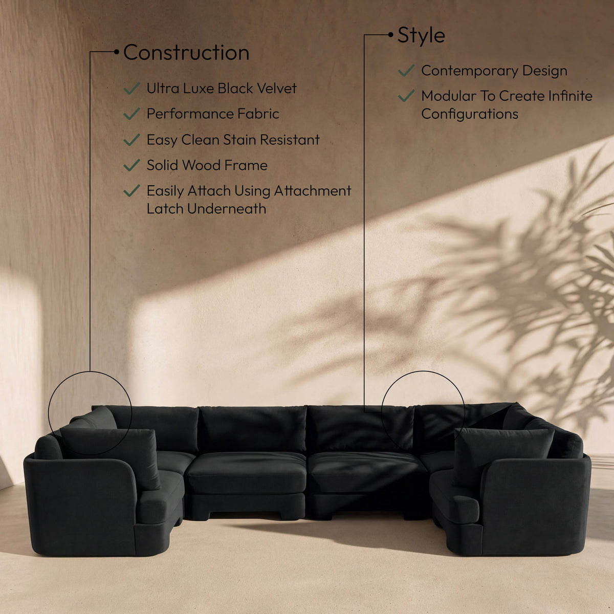 Hammond - Velvet Performance Fabric Upholstered 6 Piece U-Shaped Sectional
