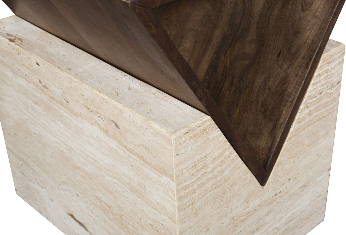 Opus - Travertine And Mango Wood End Table - Brown / Beige