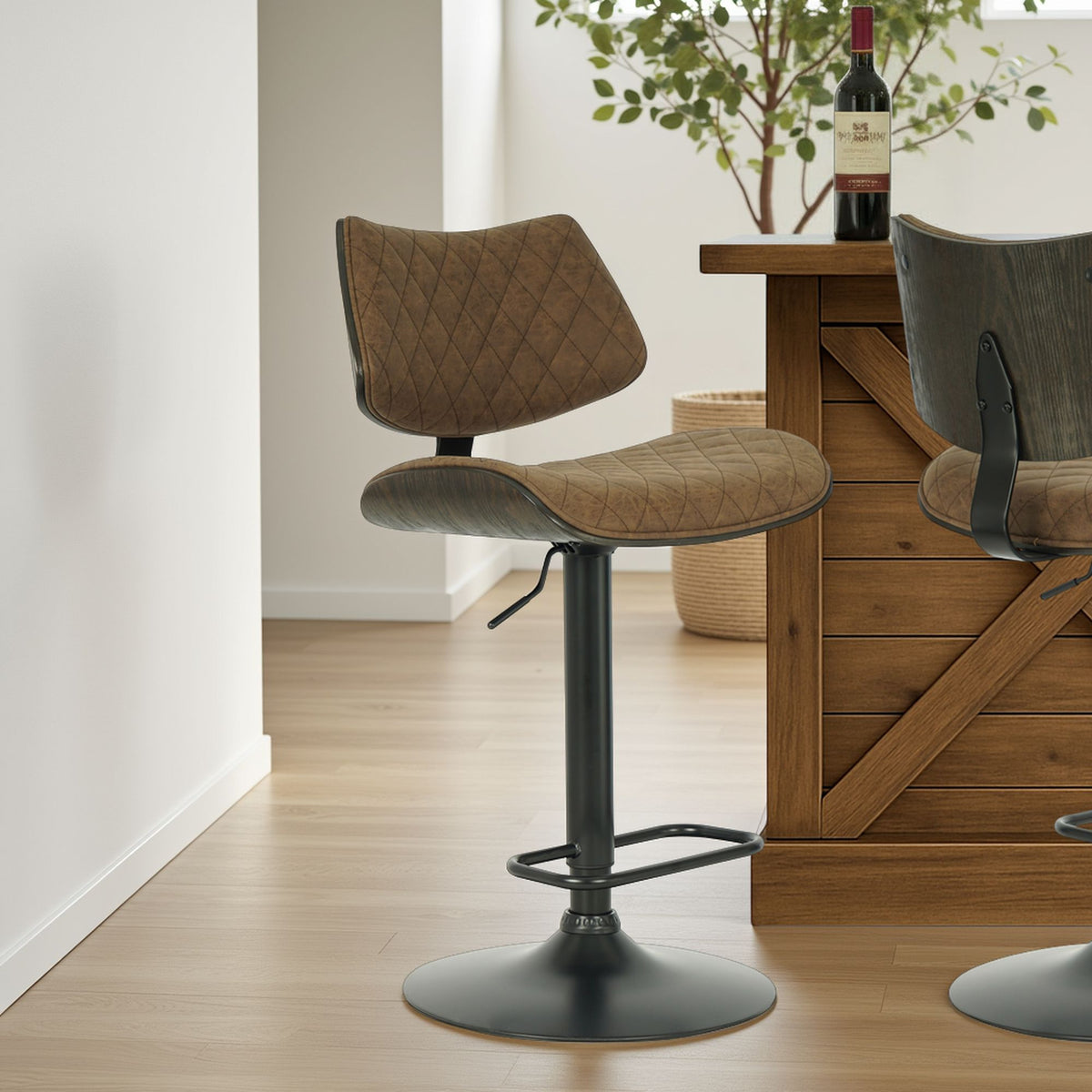 Leland - Adjustable Swivel Curved Back Wood Bar Stool With Faux Leather Seat