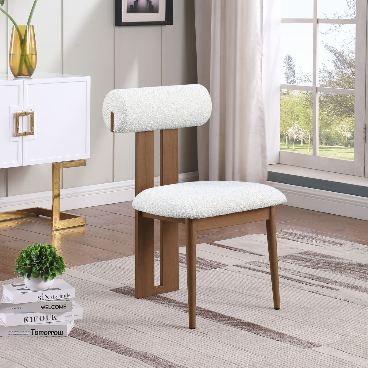 Dario - Boucle Dining Chair With Brown Frame (Set of 2) - Cream
