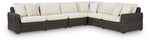 Kimora - 7 Pc. - 4-Piece Outdoor Sectional, Swivel Glider Lounge, Cocktail Table, End Table - Beige / Dark Brown
