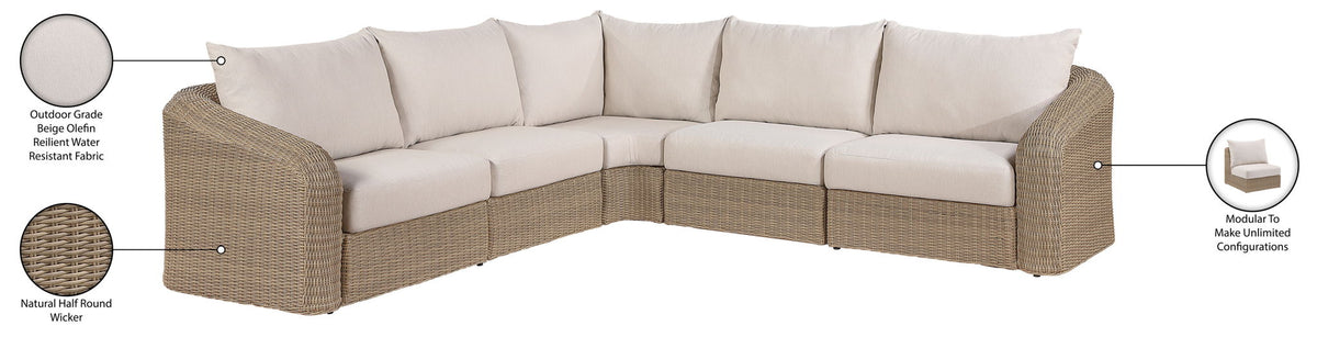 Seacrest - 123.25" Olefin Water Resistant Fabric And Wicker 5 Piece Outdoor Patio Modular Sectional