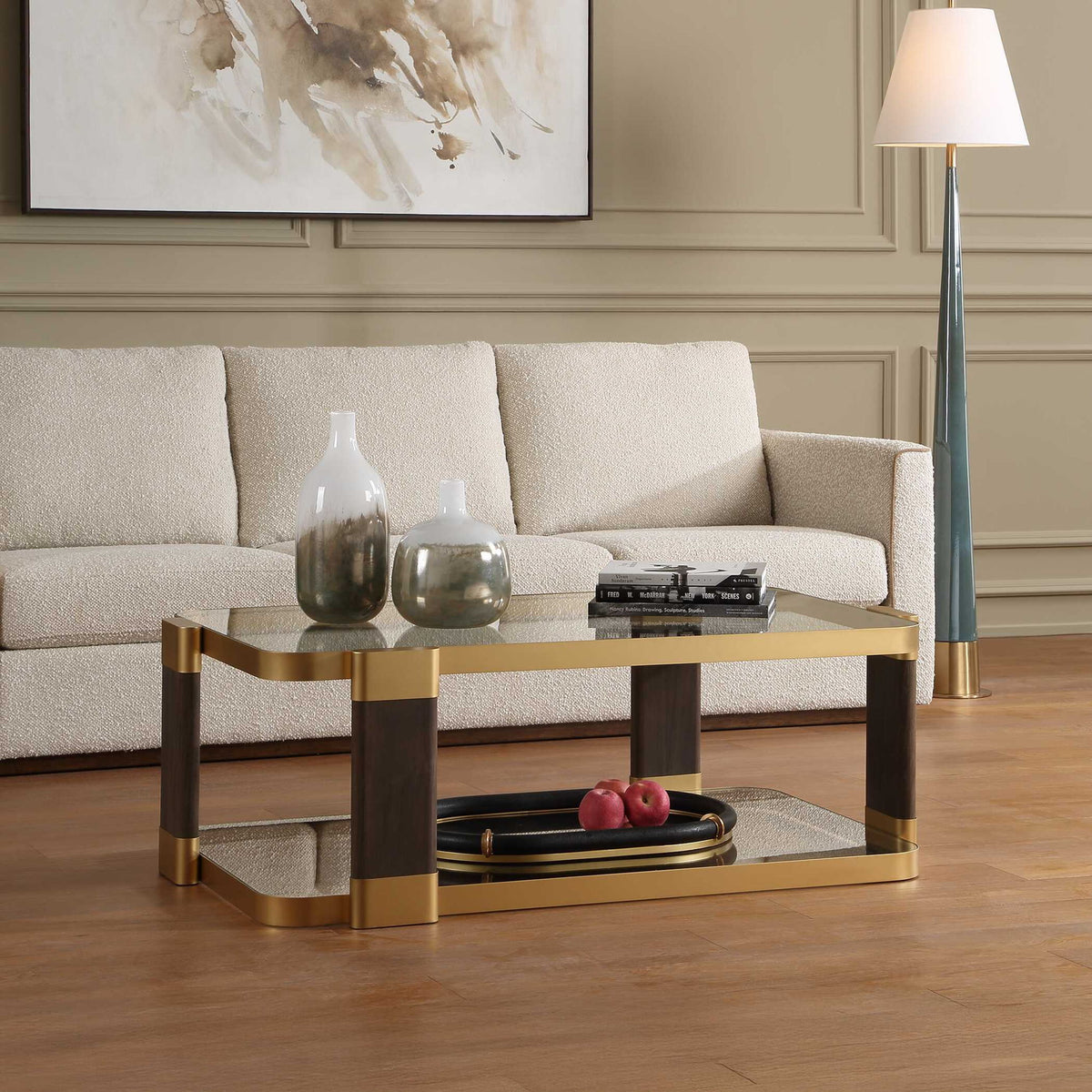 Ryles - Glass Coffee Table - Brass / Brown / Woodtone