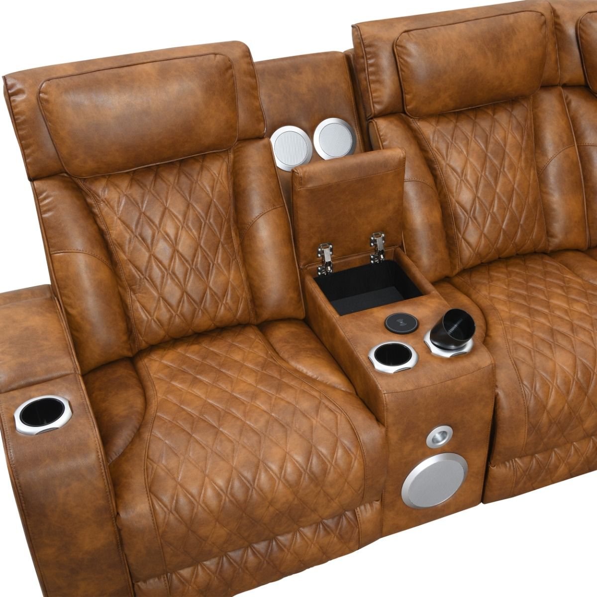 Taddeo - Power Motion Sectional Sofa With Power Headrest, Massage & LED - Two Tone Brown Leatherette