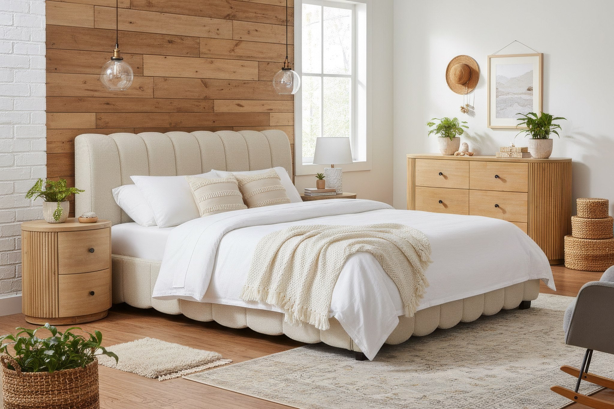 Eastern King Harris + Jacobson - Modern Off-White Fabric + Natural Oak 4-Piece Bedroom Set by VIG Furniture - View 1