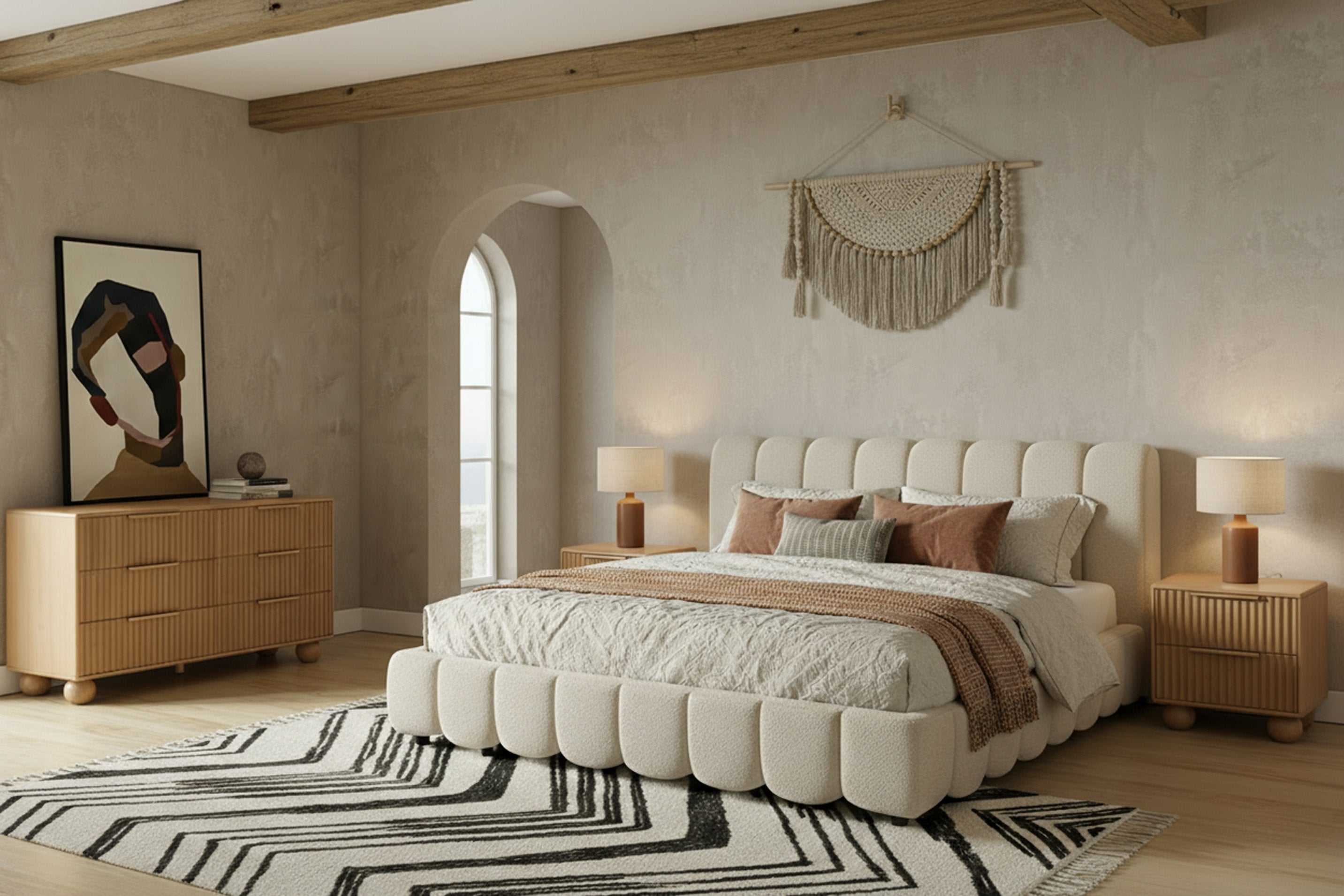 Queen Harris + Winters - Modern Off-White Fabric + Natural Oak 4-Piece Bedroom Set by VIG Furniture - View 1