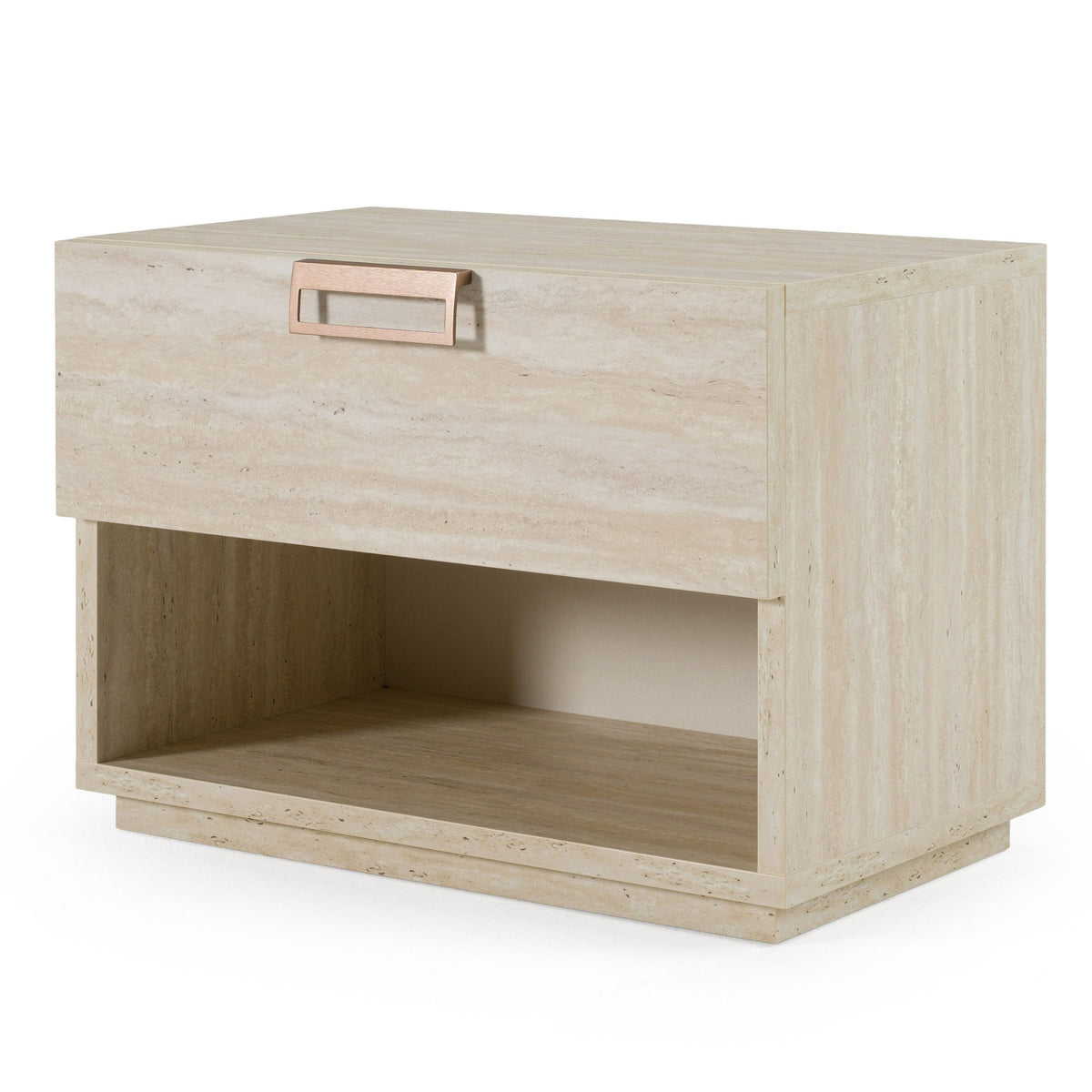 Eastern King Roma + Lago - Modern Burnt Orange Velvet + Faux Travertine Bed + Nightstands Set