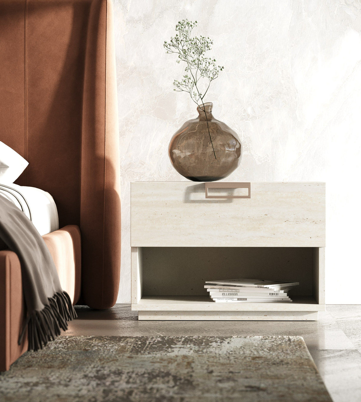 Eastern King Roma + Lago - Modern Burnt Orange Velvet + Faux Travertine Bed + Nightstands Set
