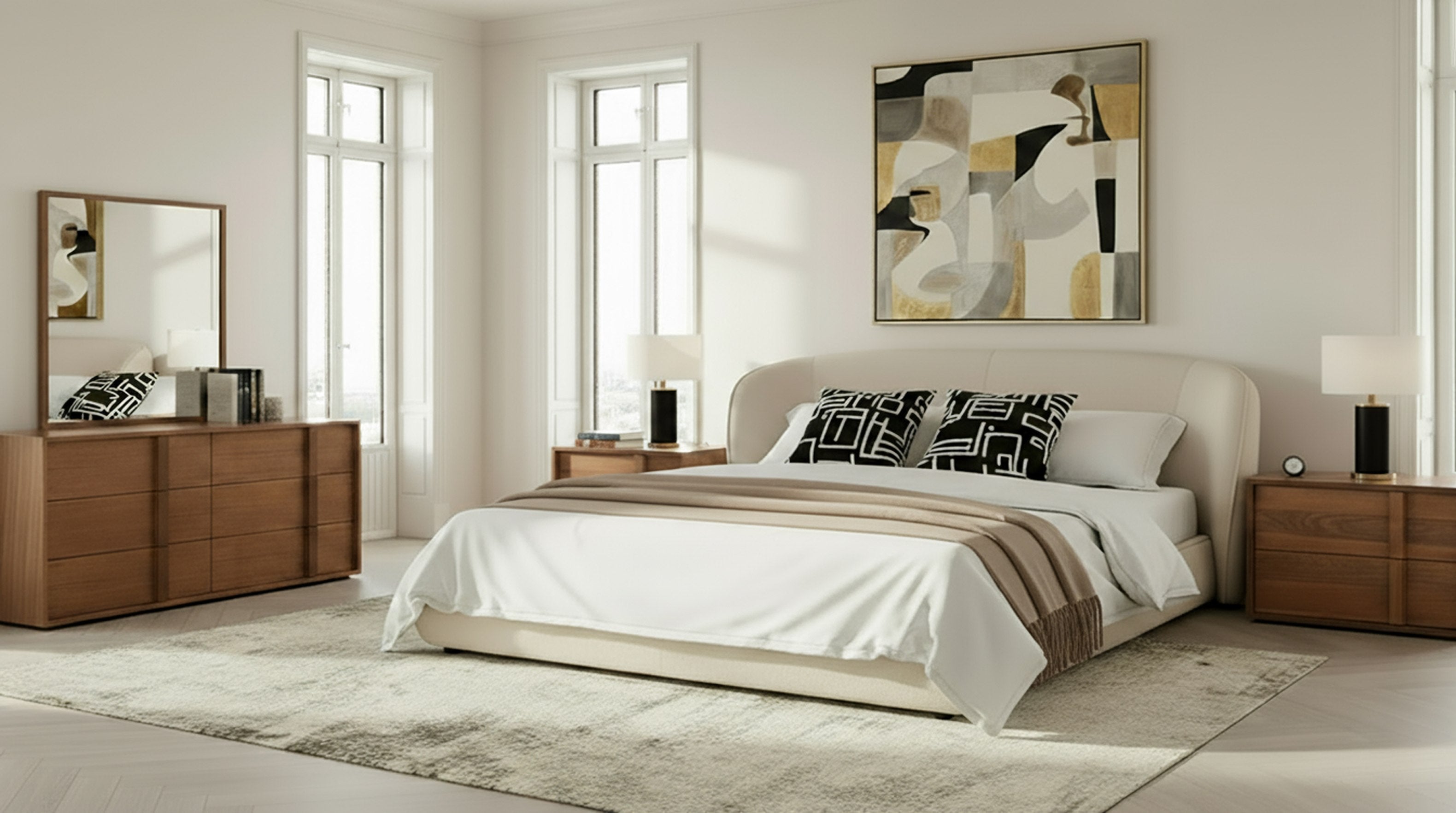 Eastern King Lambert + Berlin - Modern Beige Fabric + Walnut 4-Piece Bedroom Set by VIG Furniture - View 1